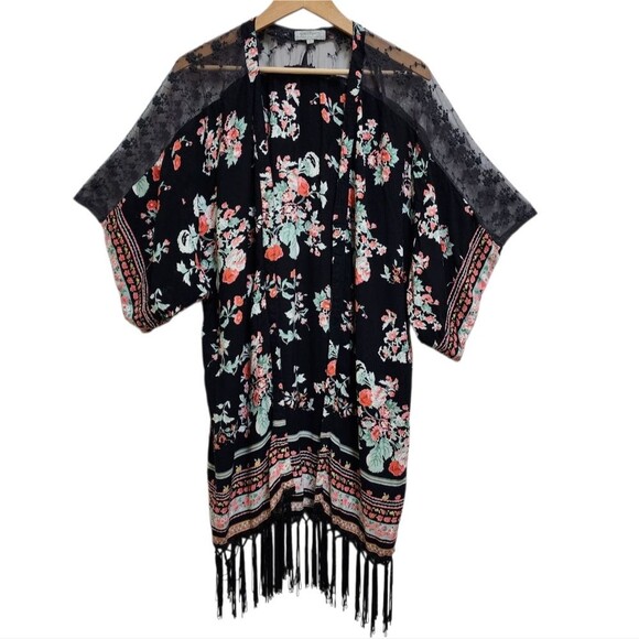 World Market Kimono Duster Women OS Black Floral Fringe Lace Boho Whimsy Fairy - Picture 1 of 11